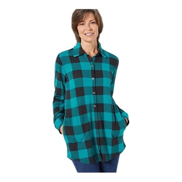 Denim and Co Heavenly Jersey Buffalo Plaid Button Front Tunic Top NWOT - Picture 2 of 8